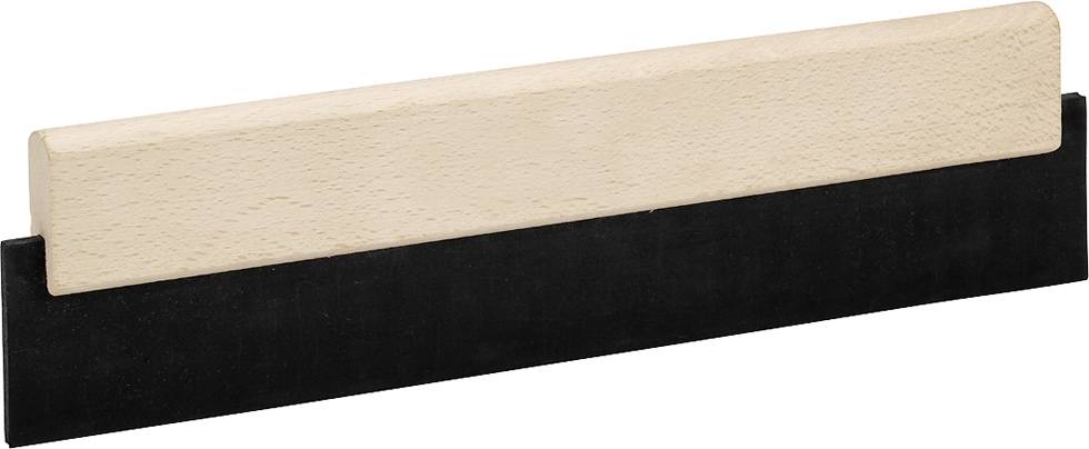 Een houten plank met een zwarte rubberen strook eronder, mogelijk een gereedschap voor oppervlaktebewerking of cementwerkzaamheden.