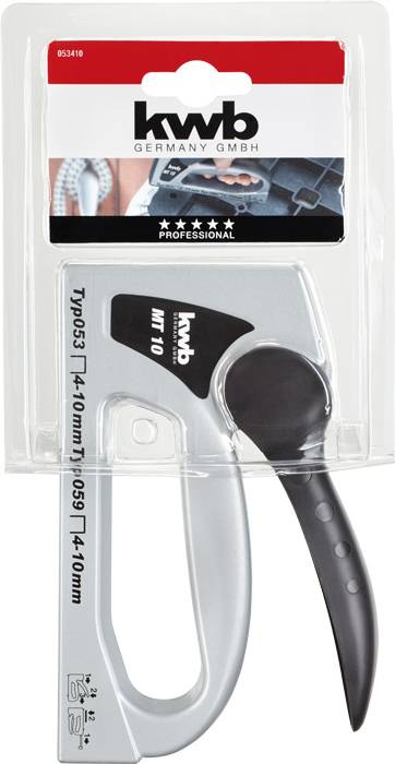 Handtacker 'kwb MT 10' met ergonomische handgreep in blisterverpakking. Geschikt voor nietjes van type 053, 4-10 mm.