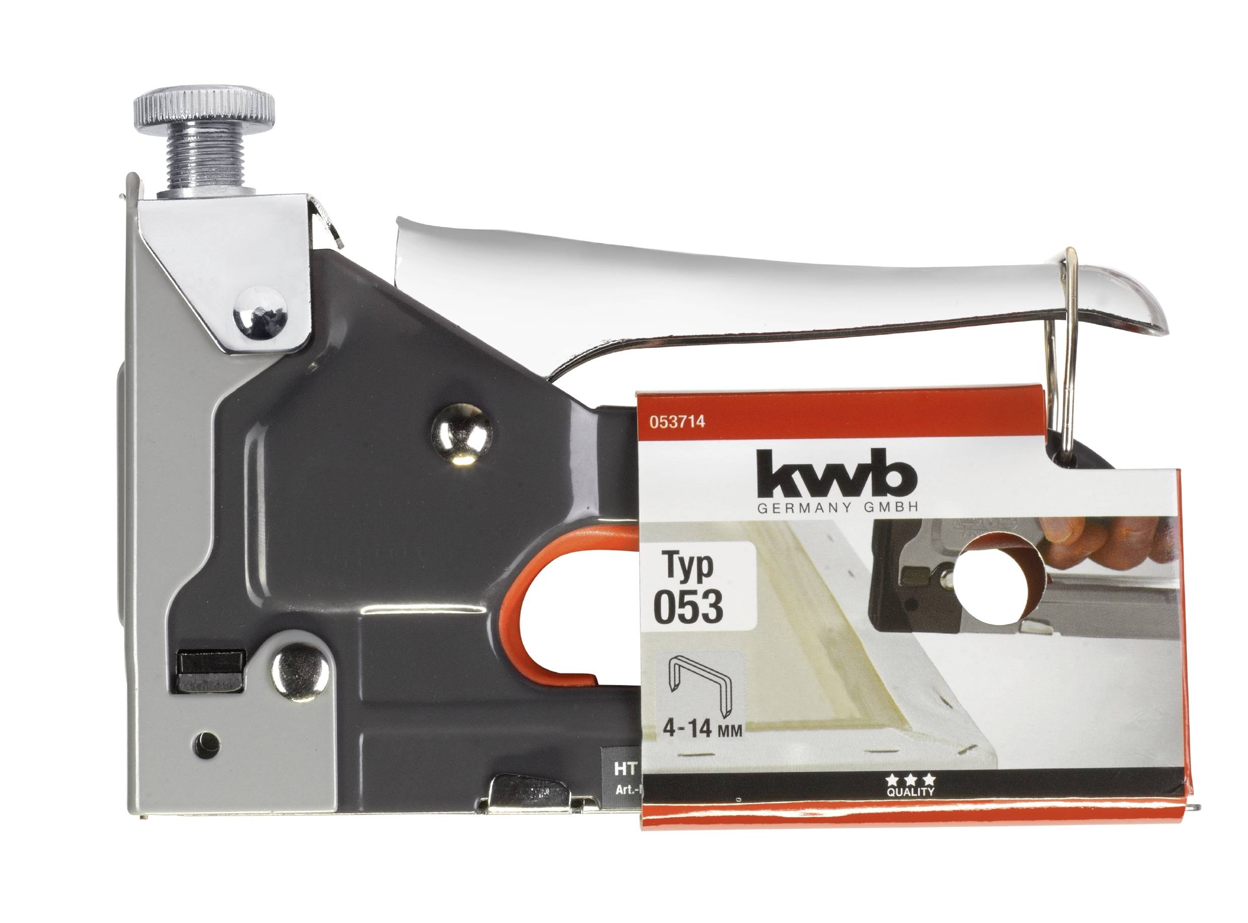 Metalen handtacker met zilveren handgreep, geschikt voor nietjes type 053 met een lengte van 4-14 mm. Verpakking toont gebruiksaanwijzing en merklogo.