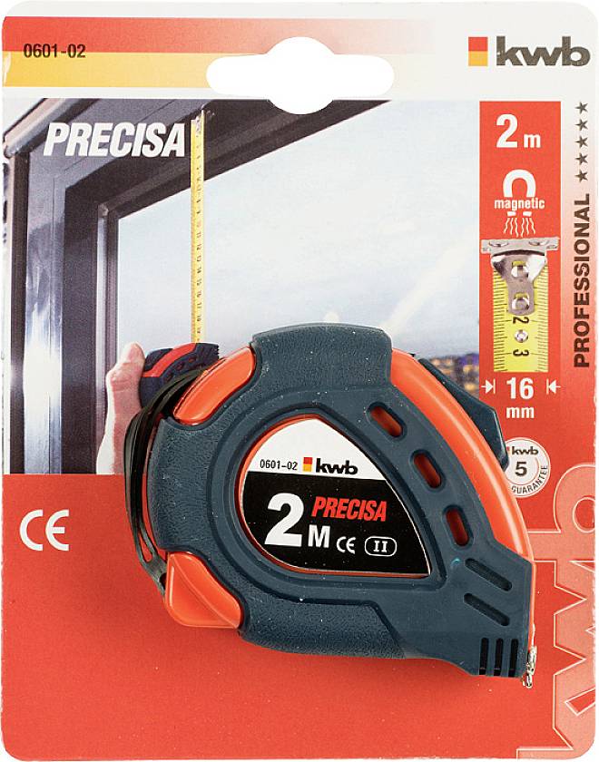 Verpakking van een 2-meter meetlint met het opschrift 'PRECISE'. Bevat CE-markering en een afbeelding die het gebruik toont.