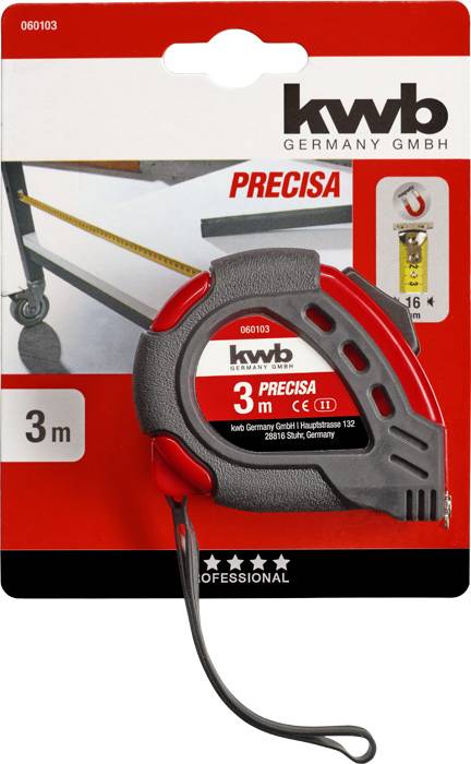 Een meetlint van het merk 'kwb' met een lengte van 3 meter. De verpakking toont een afbeelding van gereedschappen en heeft rode en zwarte kleuren.