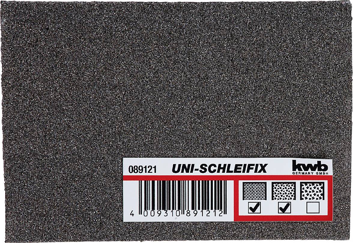 Een rechthoekig schuurpapier met de opdruk 'UNI-SCHLEIFIX' en een barcodenummer. Merk: kwb Germany GmbH.
