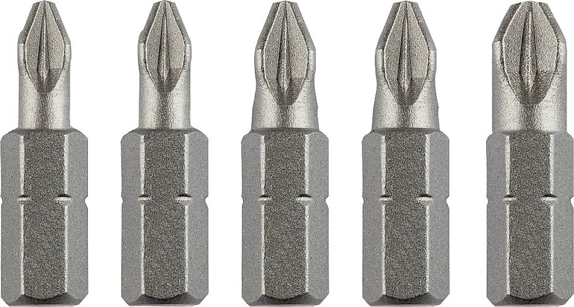 Vijf grijze schroevendraaier-bits op een rij, allemaal met een identiek kruiskopontwerp op een witte achtergrond.