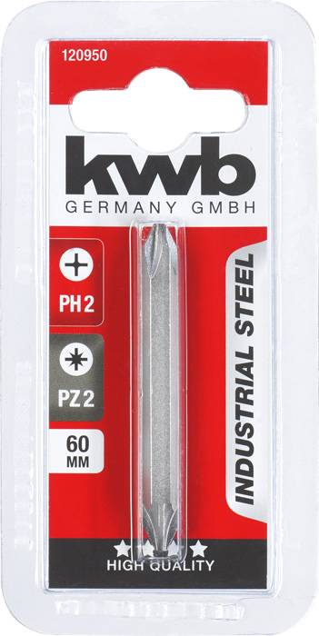 Schroevendraaier bit in blisterverpakking: 'kwb Germany GmbH', PH2 en PZ2, 60 mm lengte, 'Industrial Steel', 'Hoge Kwaliteit'.