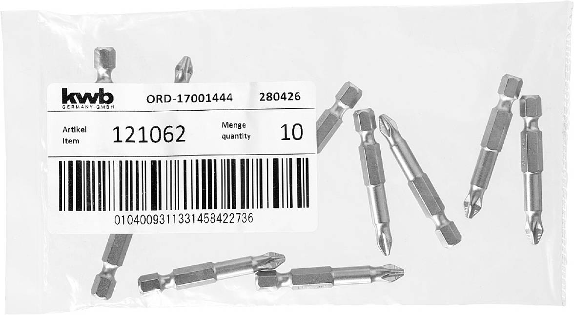Zak met bits. Etiket toont: 'Artikel 121062', 'Aantal 10'. Bevat meerdere schroevendraaier-bits. Barcode onderaan.
