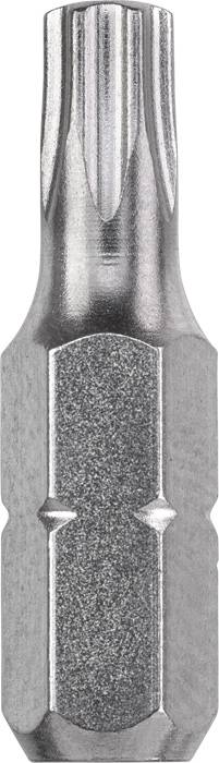 Een metalen, gegroefde schroevendraaierbit met zeskante schacht. Ideaal voor Torx-schroeven.