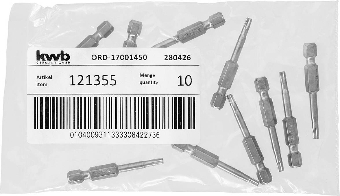 Een plastic zak met meerdere boorbits. Etiket toont 'kwb Germany GmbH', artikelnummer '121355', hoeveelheid '10', barcode aanwezig.