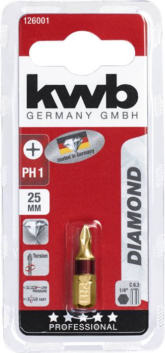 Verpakking van een PH1 diamantbit van kwb Germany GmbH, 25 mm, gecoat in Duitsland, met torsiebeveiliging en slijtageindicator.