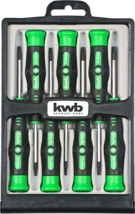 Set schroevendraaiers met groen-zwarte handgrepen in een verpakking met opvallende 'kwb Germany GmbH'-merklabel zichtbaar.