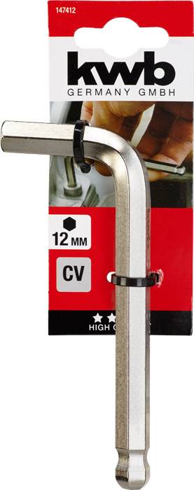 'Kwb Germany GmbH' L-vormige inbussleutel van 12 mm in verpakking. Zilverkleurig, met zwarte ringhouder, geschikt voor schroeven.