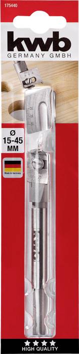 Verpakking van een uitdraaigereedschap van KWB Germany GmbH, geschikt voor schroeven van 1,5-4,5 mm. Product afgebeeld op rode achtergrond.
