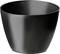 Een zwarte, cilindrische bloempot met een gladde oppervlakte, leeg.