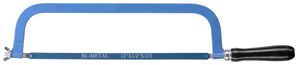 Metaalzaag met blauwe frame en zwarte handgreep. Gemarkeerd met 'BI-METAL 12"X32X1,8T', gebruikt voor het snijden van metaal.