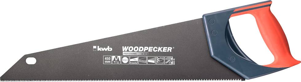 Handzaag met rode handgreep en zwart zaagblad, merk 'KWB Woodpecker', lengte 450 mm, voor houtbewerkingen.