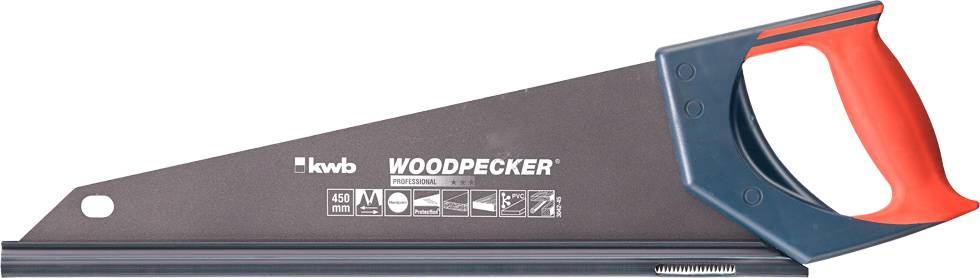 Handzaag met blauw-rode handgreep, merk 'WOODPECKER', 450 mm lang, geschikt voor nauwkeurige houtbewerkingen.