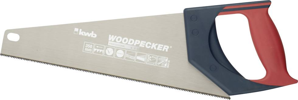 Handzaag met rode en zwarte handgreep, zilverkleurig zaagblad en het opschrift 'WOODPECKER'. Geschikt voor het zagen van hout.