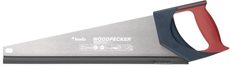 Handenzaag met rode en zwarte handgreep, gemarkeerd met 'WOODPECKER' op het zilveren zaagblad.