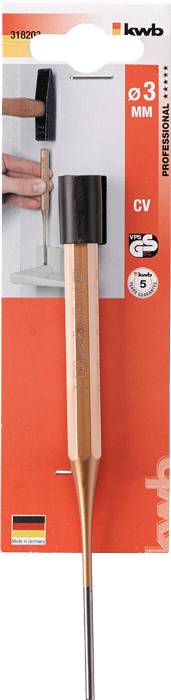 'Kwb' beitels voor houtbewerking, 3 mm diameter, met houten handvat. Verpakking toont gebruik in actie. Geschikt voor doe-het-zelvers.