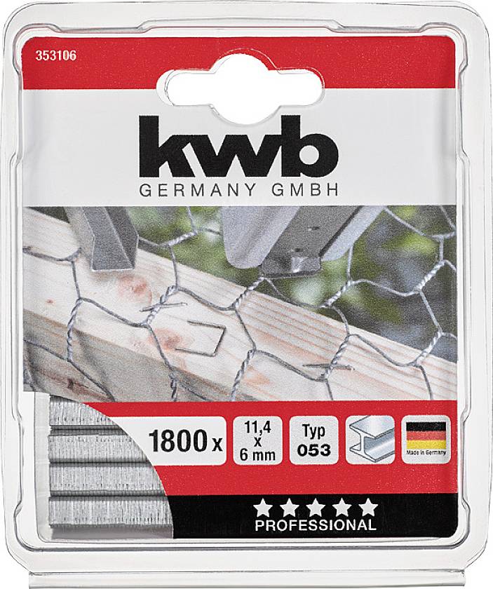 Verpakking met KWB-klemmen, 1800 stuks, maat 11,4 x 6 mm, type 053, gefabriceerd in Duitsland, met afbeelding van een hek.