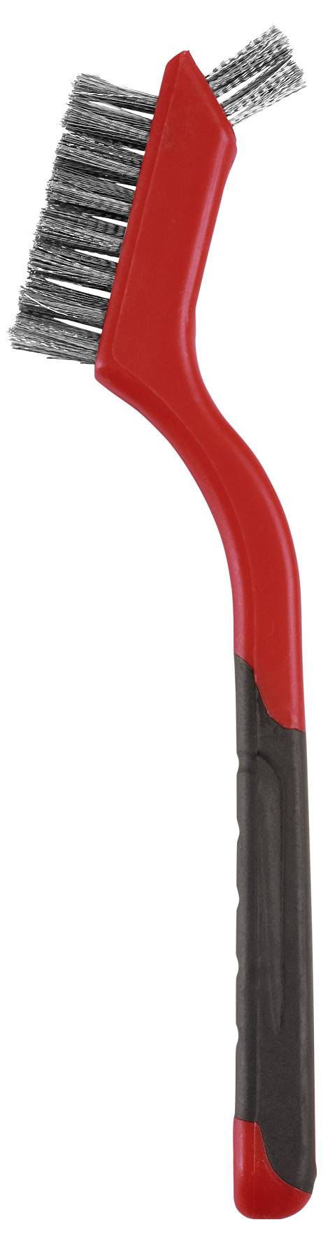 Een rode en zwarte draadborstel met een gebogen handvat, voorzien van metalen borstelharen, gebruikt voor het reinigen van oppervlakken of het verwijderen van roest.