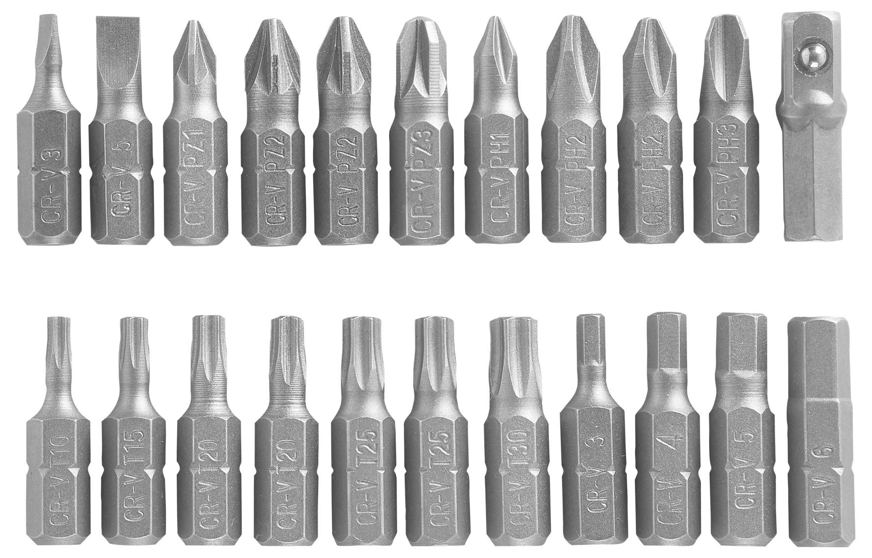 'Twintig metalen schroevendraaierbitjes van verschillende types en formaten in twee rijen, waaronder sleuf-, kruiskop- en zeskantbitjes, met gegraveerde labels.'