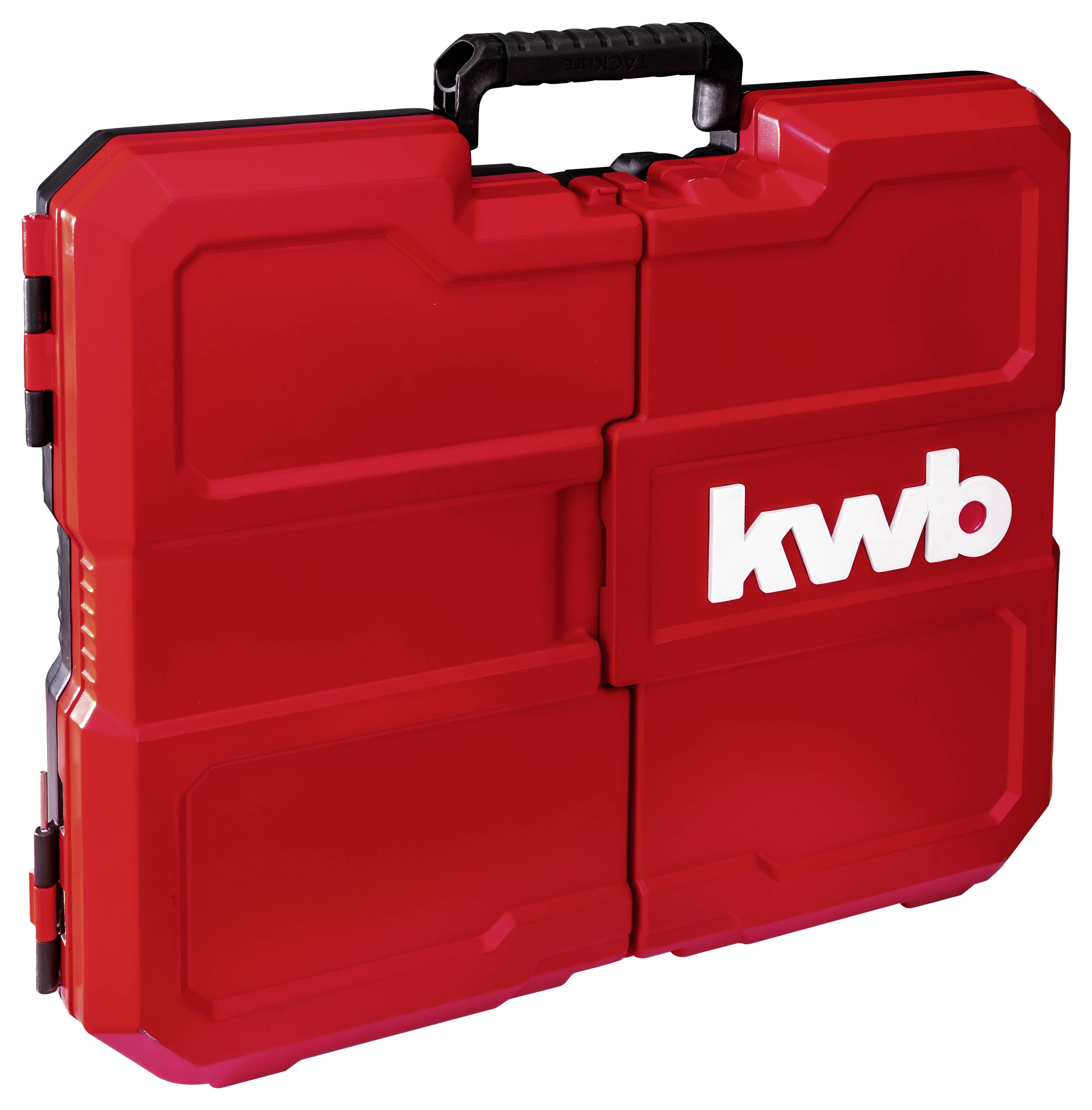Een rode gereedschapskist met een zwarte handgreep, met het witte logo 'kwb' aan de voorkant.