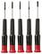 'Een set van vijf precisie schroevendraaiers met zwarte handvatten en rode toppen, rechtop in een rij getoond, elk met een ander type kop.'