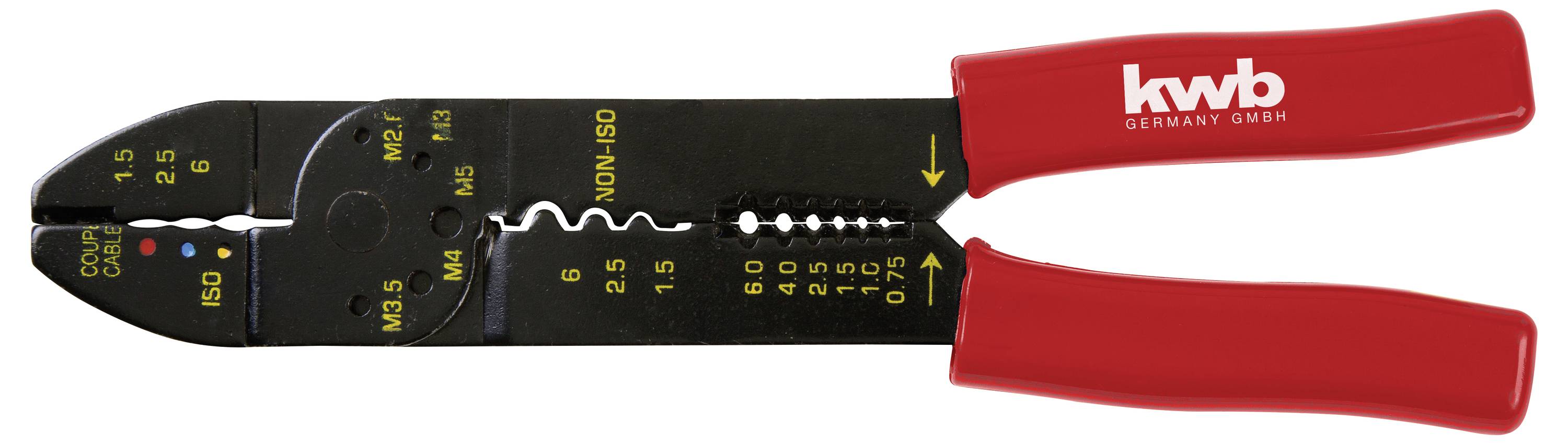 Striptang met rode handgrepen en afmetingen voor het strippen van verschillende draadmaten gemarkeerd op het zwarte metalen oppervlak.