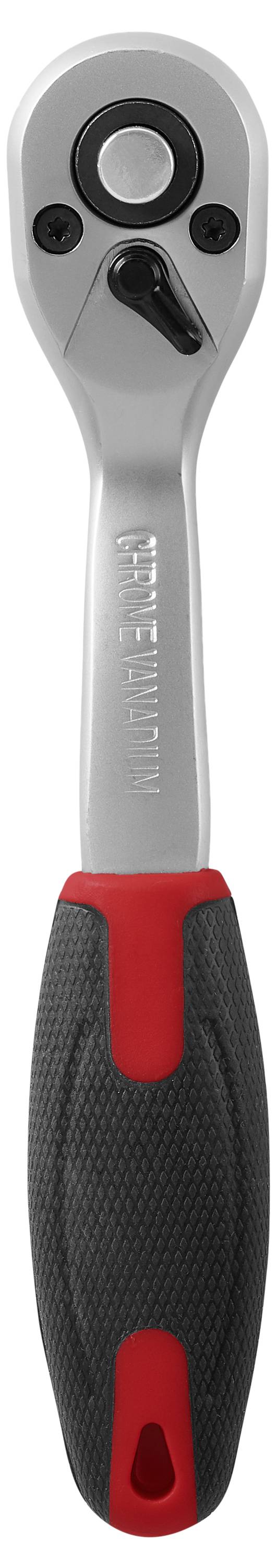 Een handgereedschap met een zilveren metalen ratelkop en een zwart en rood rubberen handvat, doorgaans gebruikt voor het aanhalen of losdraaien van moeren en bouten.