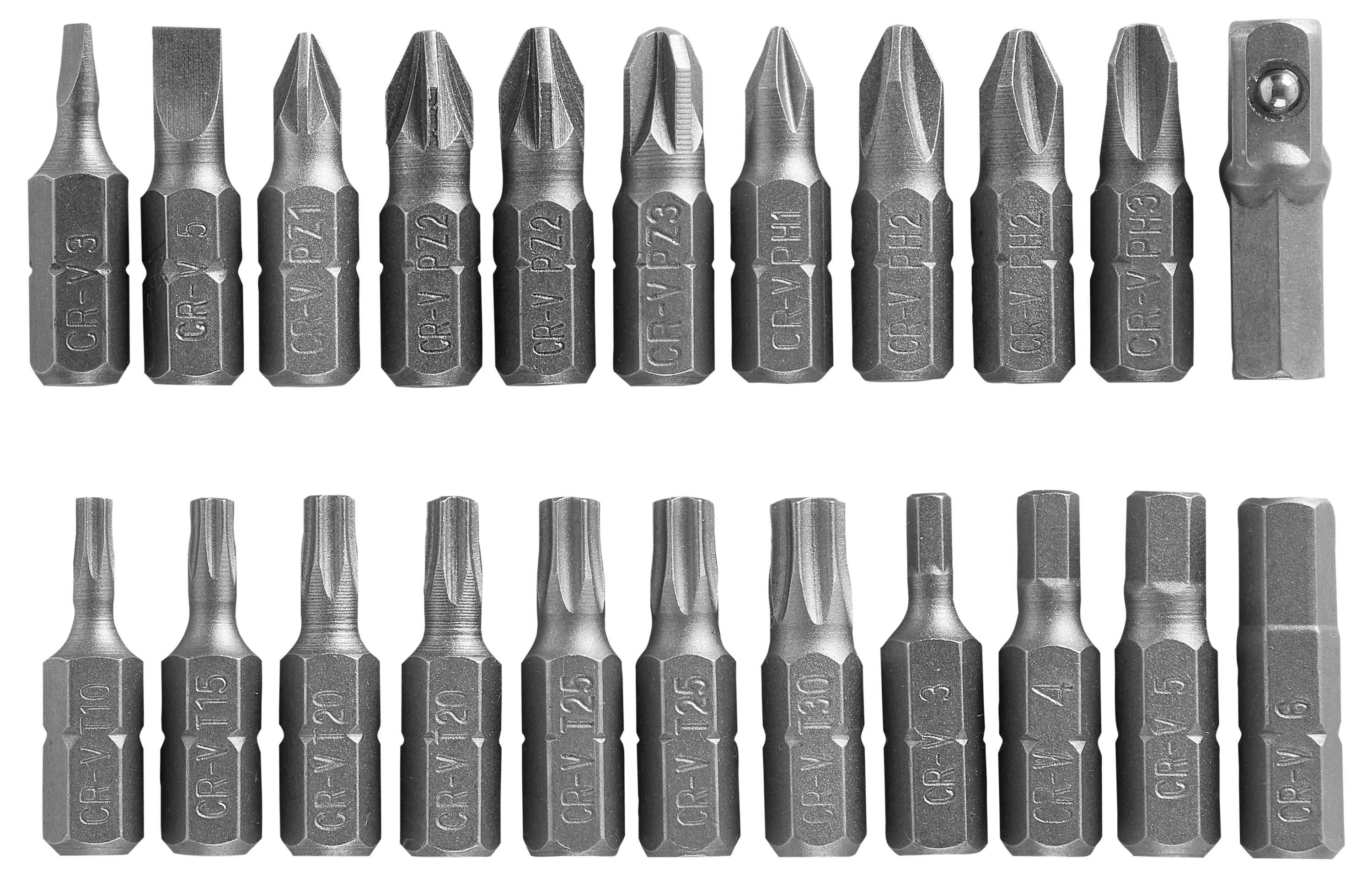 Een set van 22 metalen schroevendraaier bits in verschillende vormen en maten, gerangschikt in twee rijen, voor verschillende schroefkopdoorsnedes.