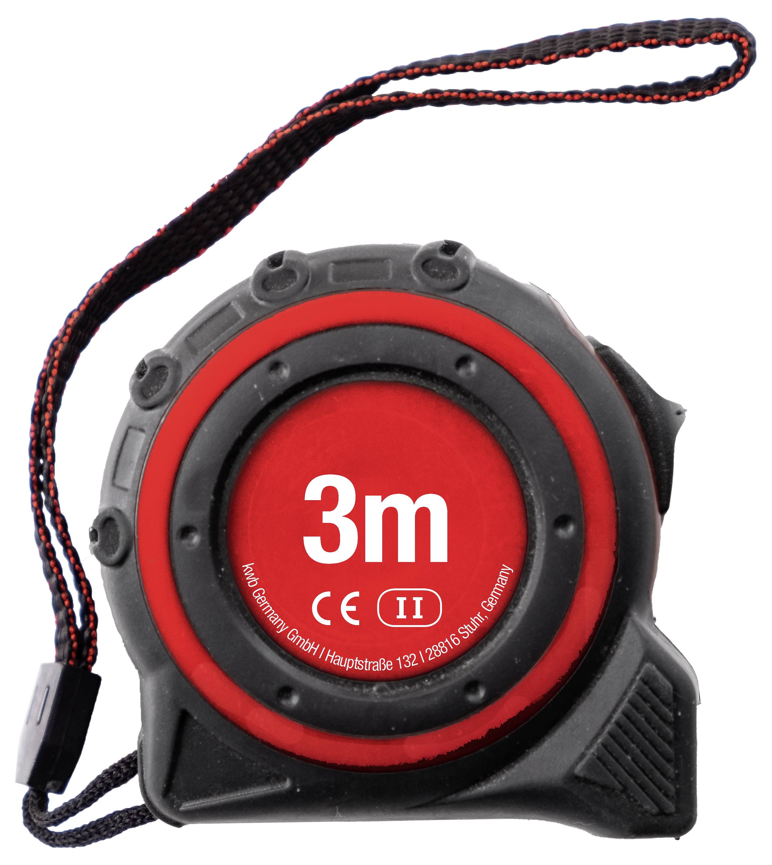 Een rode en zwarte meetlint met een lengte-indicatie van 3 meter, getoond met een veilige riem en een robuuste behuizing voor duurzaamheid.