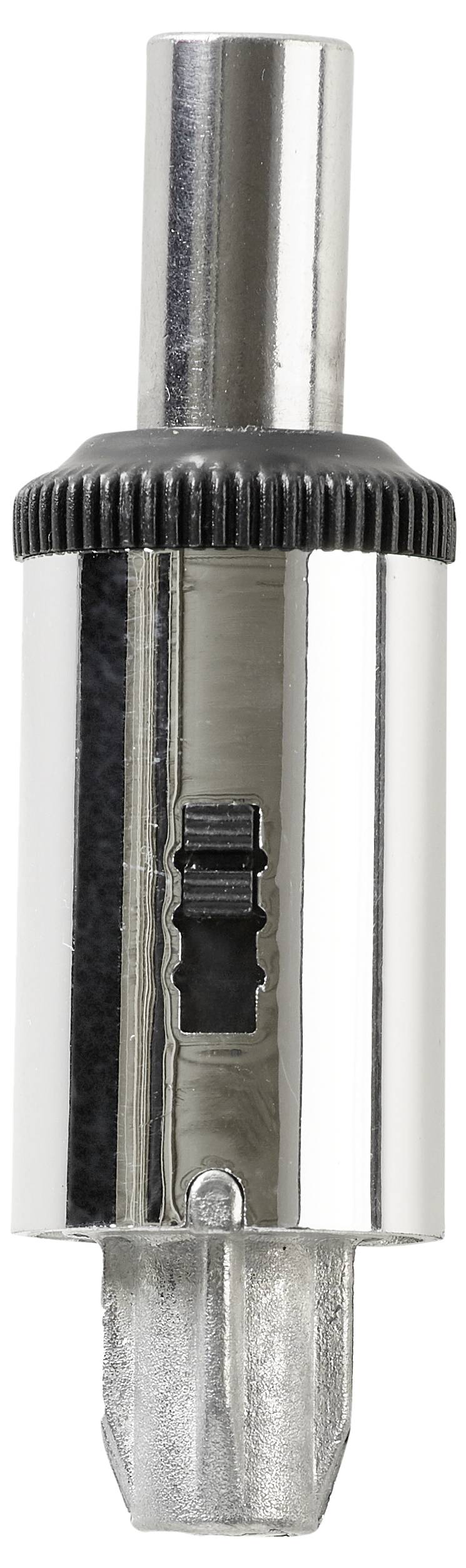 Een zilveren audiojack-adapter met een zwarte streep, gebruikt voor het aansluiten van verschillende audio-componenten of apparaten.