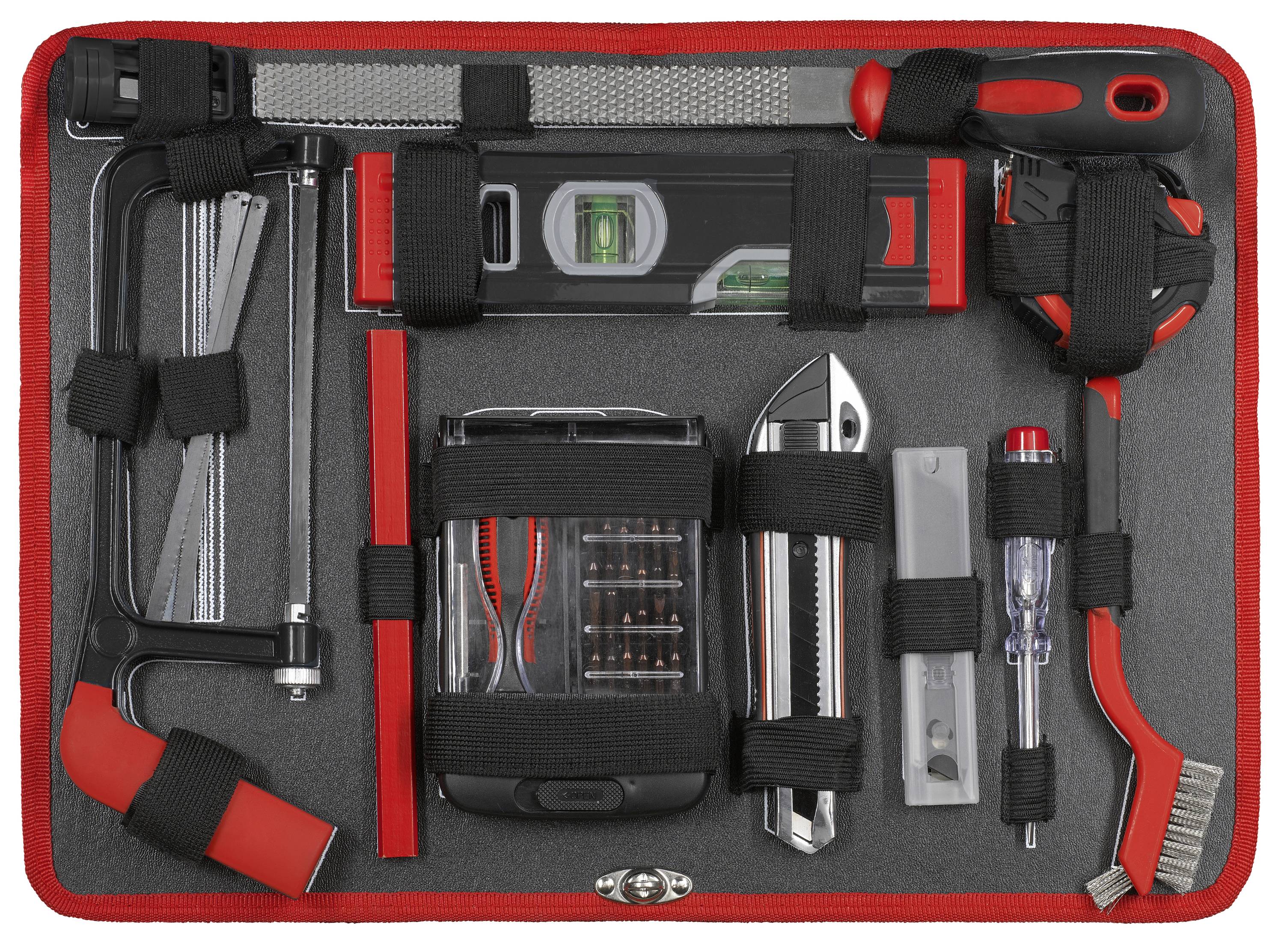 Gereedschapsset met waterpas, schroevendraaier, meetlint, zeskantsleutel, messen, borstel, stanleymes en bits, georganiseerd in een zwart en rood etui.