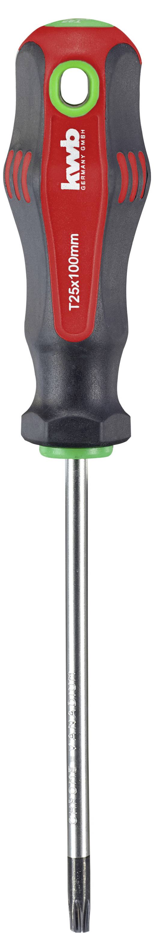Een schroevendraaier met een rood-zwarte greep en groen detail. De greep heeft groeven voor betere grip. Gemarkeerd met opschrift 'Inbus'.