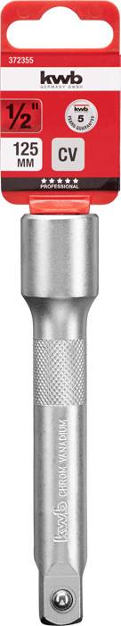 Verlengstuk voor steeksleutel, 1/2 inch, 125 mm lang, verchroomd, merk 'kwb'. Verpakking toont afmeting en type.