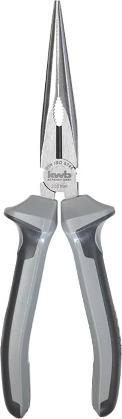 Een punttang met grijze, ergonomische handgrepen en slanke, lange bekken, geschikt voor precies grijpen en knippen.