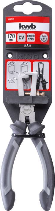 Nijptang van het merk 'kwb', geschikt voor ringen en ogen. Verpakking toont gereedschapsdetails en 170 mm grootte. Losgrijptang afgebeeld.