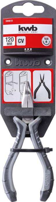 Verpakking voor combinatietang, merk 'kwb', 120 mm. Toont gebruiksdiagrammen. Bevat symbolen voor materiaal- en maataanduidingen.