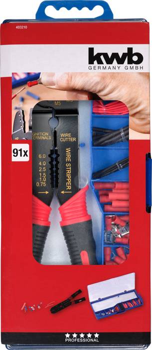 Een tang in een verpakking van 'kwb GERMANY GMBH', bevat 91 onderdelen. De verpakking toont ook een afbeelding van de tang in gebruik.