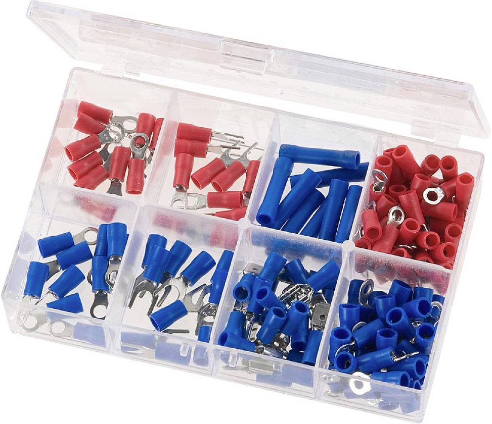 Assortimentsdoos met blauwe en rode kabelschoenen, verdeeld in zes vakken, geschikt voor elektriciens of doe-het-zelvers.