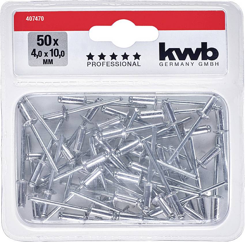 'kwb' verpakking met 50 klinknagels, maat 4,0 x 10,0 mm, geschikt voor professionele toepassingen, zichtbaar in transparante kunststofverpakking.