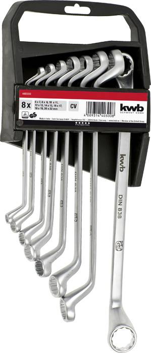 Een set van acht ringsteeksleutels in verschillende maten, gerangschikt in een zwarte houder.