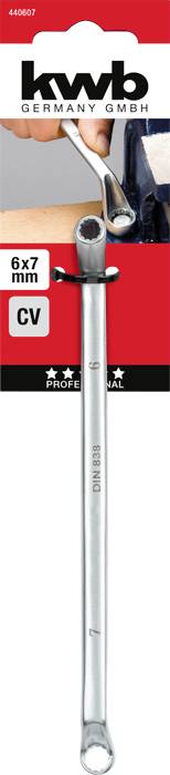 'Combinatiesleutel van kwb, Germany GmbH, 6x7 mm, CV-staal, professioneel, rood/zwarte verpakking, toont toepassingsvoorbeeld met schroef.'