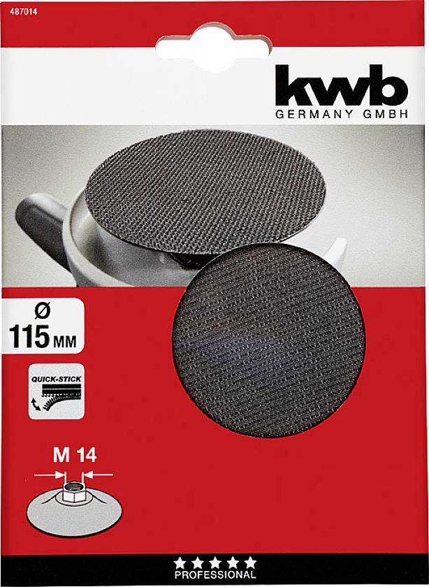 Slijpschijf 'kwb Germany GmbH' voor haakse slijper, Ø 115 mm, M 14, zwart, Quick-Stick bevestiging, afgebeeld op verpakking.