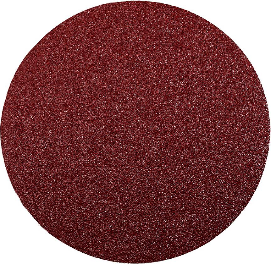 Een rond, rood schuurpapiervel met grove korrel, gebruikt voor het gladmaken van oppervlakken bij ambachts- en bouwprojecten.