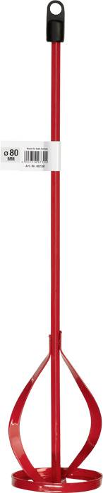 Een rode mortelroerder met zwarte handgreep. Het etiket vermeldt 'Ø 80 mm, 10 x 60 cm'.