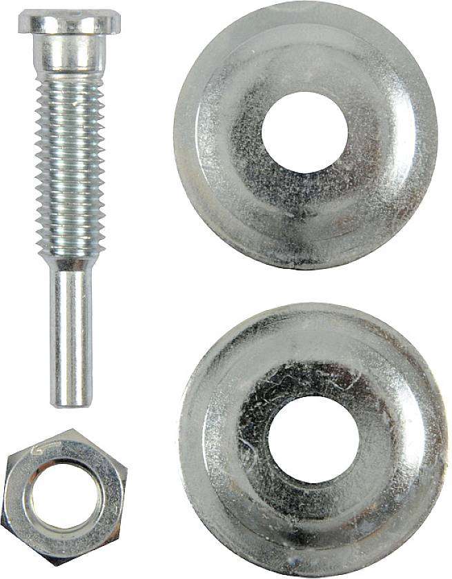 Metalen schroef, moer en twee metalen sluitringen, naast elkaar gerangschikt op een witte achtergrond.
