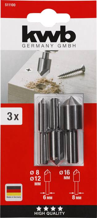 'kwb GERMANY GMBH' Verzinken van schroefgaten. Bevat drie metalen verzinkboren in maten 8 mm, 12 mm en 16 mm. Afbeelding van een verzinkboor bevestigd aan hout.