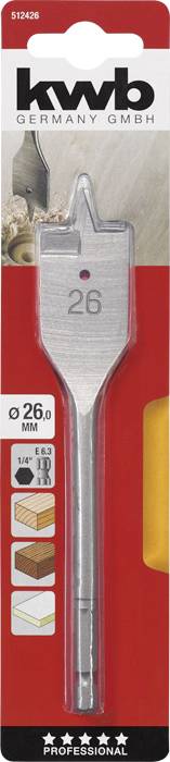 Boor met opschrift '26' en merknaam 'kwb' op rode verpakking. Bevat symbolen voor geschiktheid voor hout- en droogbouw.