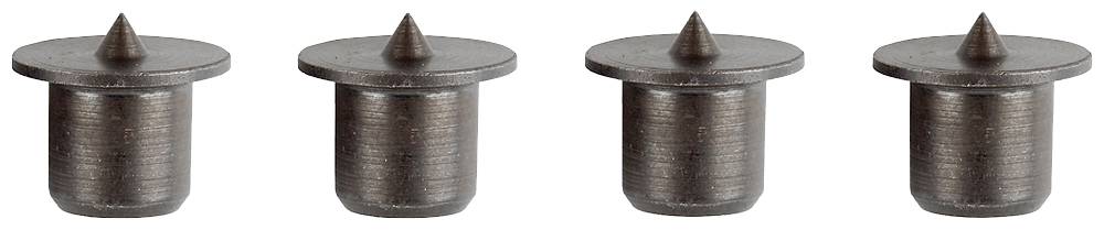 Vier identieke metalen pinnen met een platte bovenkant en een puntige onderkant, op een rechte lijn gerangschikt.